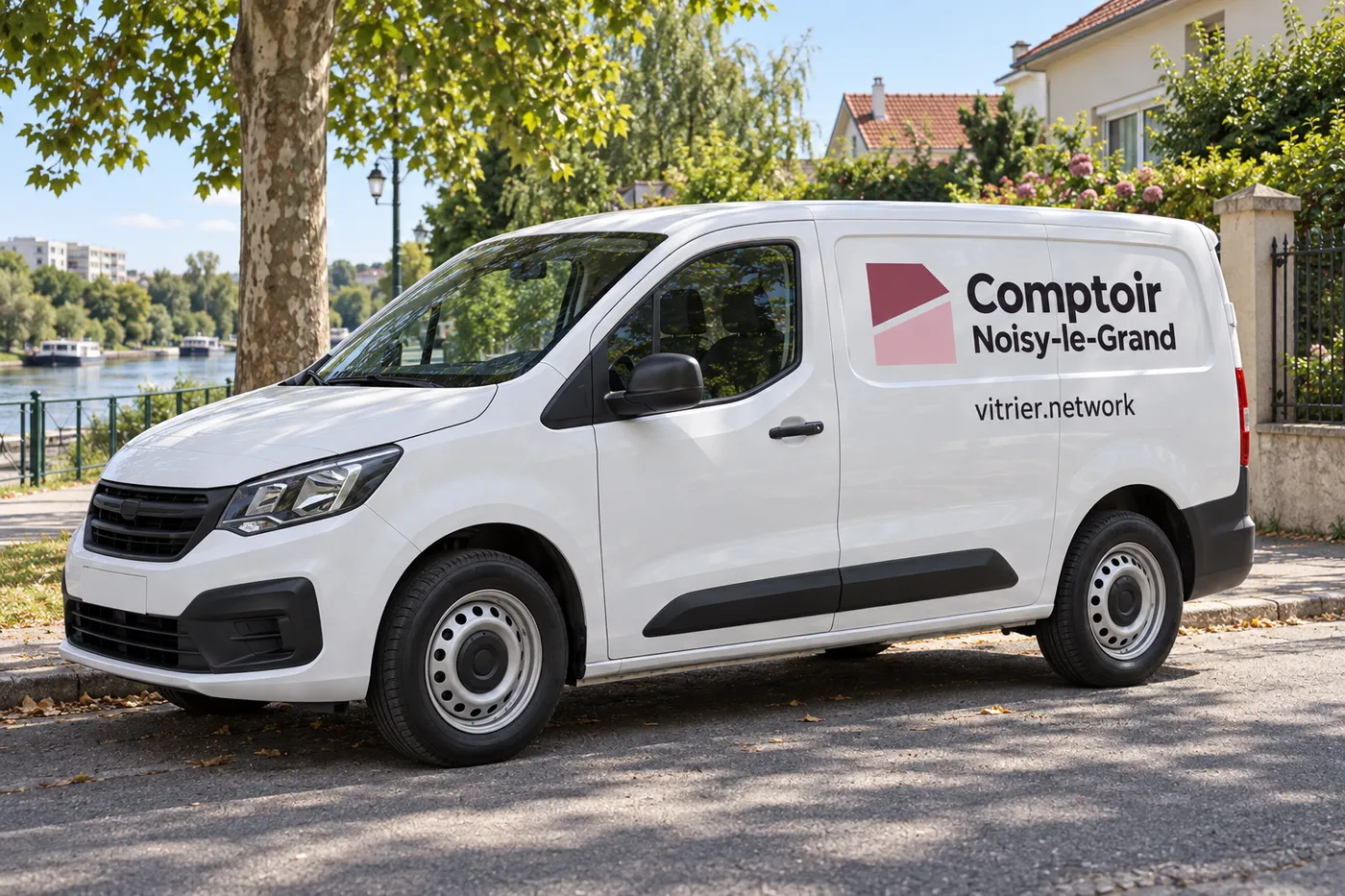Utilitaire blanc aux couleurs de Comptoir Noisy-le-Grand, avec l'adresse vitrier.network, garé dans une rue des bords de Marne